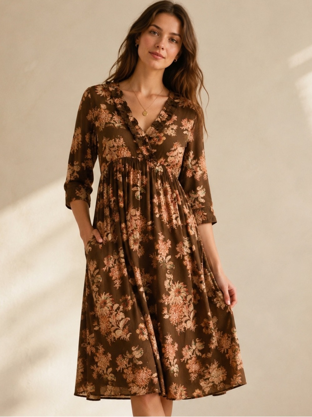 April Cornell Brown Floral Prairie Dress Cottagecore Boho Size S